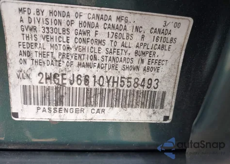 2000 Honda Civic Value Package from USA, damaged, VIN 2HGEJ6610YH558493